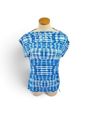Ruby Rd Womens L Blue White Tie Dye Embellished Ruched Side Stretch Top